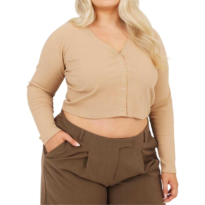 Brave Soul Dames Geribbeld V-Hals Plus Lange Mouwen Crop Top (Taupe)