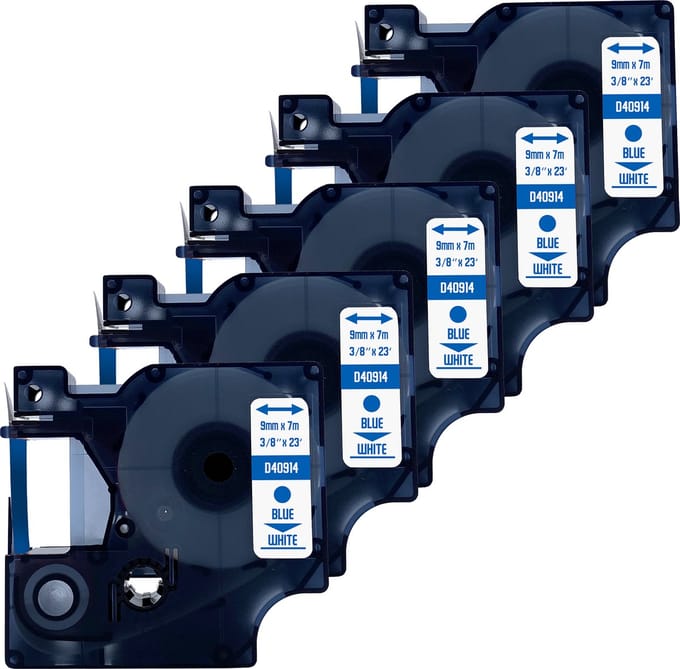 DULA Dymo D1 40914 - S0720690 - Compatible label tape - 5 lettertapes - Blauw op wit - 9mm x 7m