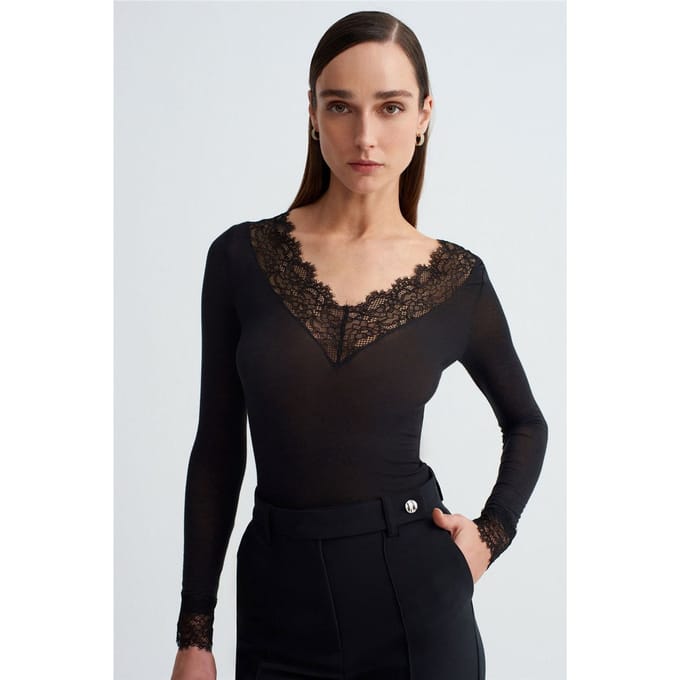 Slim Fit V-Hals Kant Blouse
