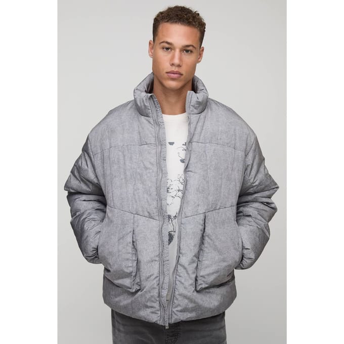 Hoge Oversized Pasvorm Gewassen Nylon Gewatteerde Trechterkraag Pufferjas | Grey | Size Medium