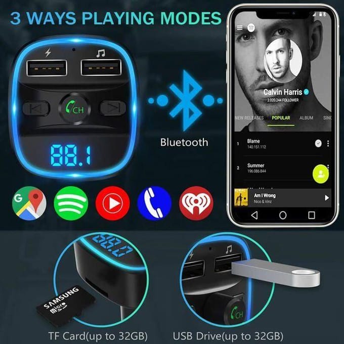Transmetteur FM Bluetooth - LENCENT - T25 - Appel Mains Libres - Chargeur Voiture - 2 U