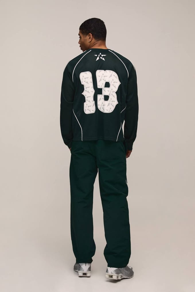 Relaxed Fit Side Stripe Logo Print Nylon Track Pants | Forest | Size Medium