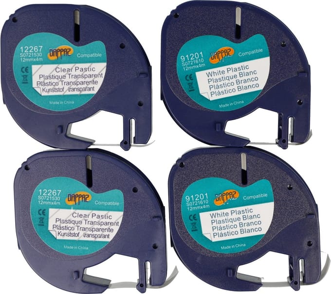 Dappaz - Dymo Compatible Label Tape 2x 91201 + 2x 12267 - Geschikt voor Dymo Letratag Labelprinter - 12 mm x 4 m - Label Printer