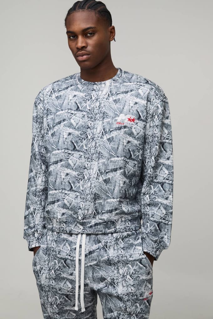 Oversized Boxy Camo sweatshirt met strikdetails op de manchetten, trainingspak | Grey | Size Medium