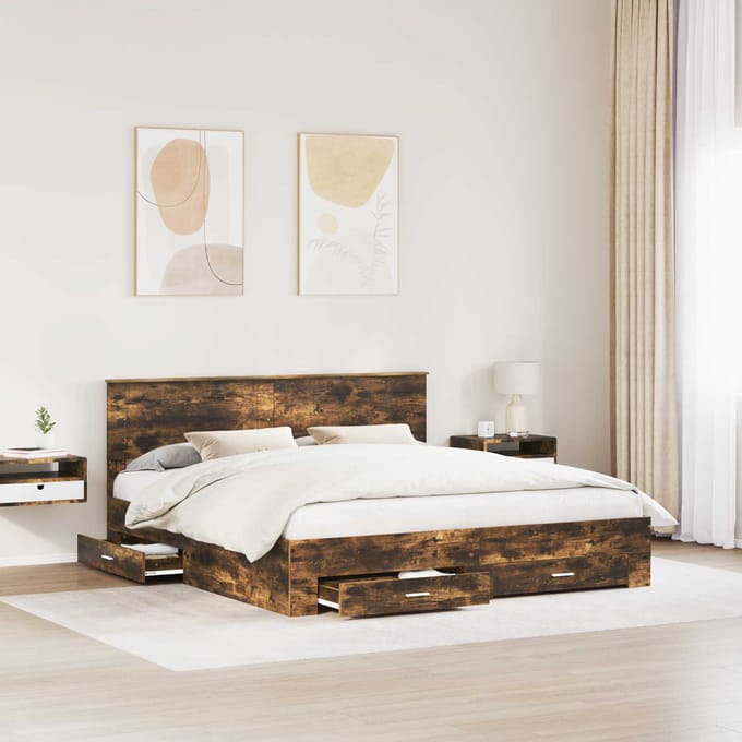 vidaXL - Bedframe - Gerookt - eiken - 200 - x - 200 - cm - Bewerkt - hout