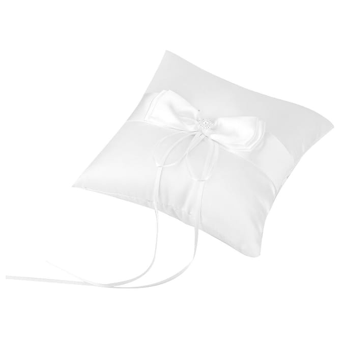 Coussin porte-alliances en satin blanc avec nœud papillon et perles artificielles, 15 x 15 cm white