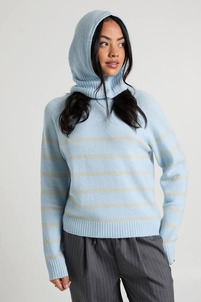 boohoo Dames Neck Detail Stripe Knit Jumper | Ice Blue | Maat: Medium