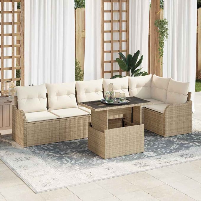 vidaXL Tuinbank Set met kussen met kussen 7 pcs Beige Poly Riet