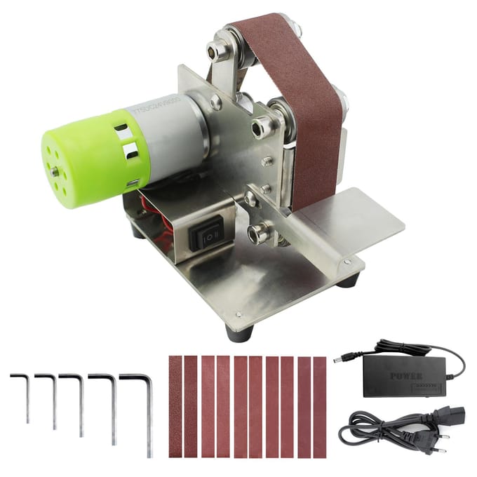 Mini Bandschuurmachine Elektrische Schuur Polijst Slijpmachine 7 Variabele Snelheid met 10 Schuurbanden EU Plug zilver