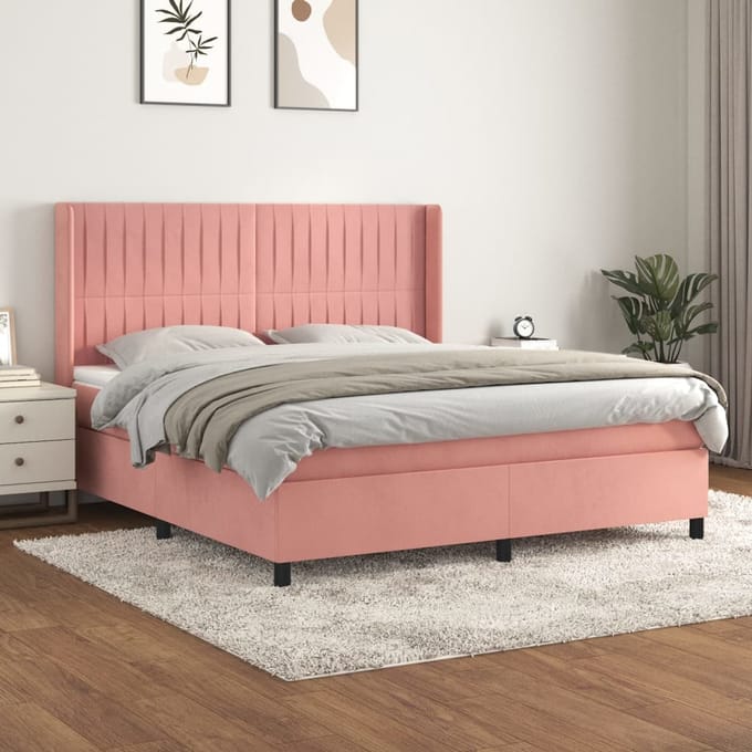vidaXL - Boxspring - met - matras - fluweel - roze - 160x200 - cm