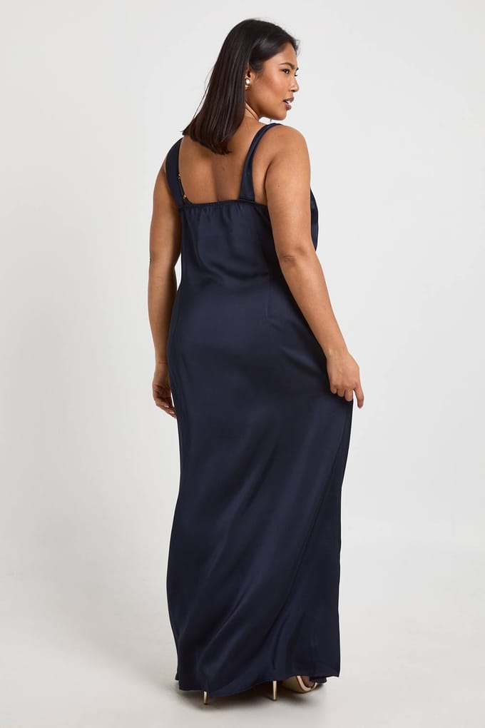 boohoo Dames Plus Kanten Rand Wikkel Satijn Maxi Jurk | Marineblauw | Maat: 46