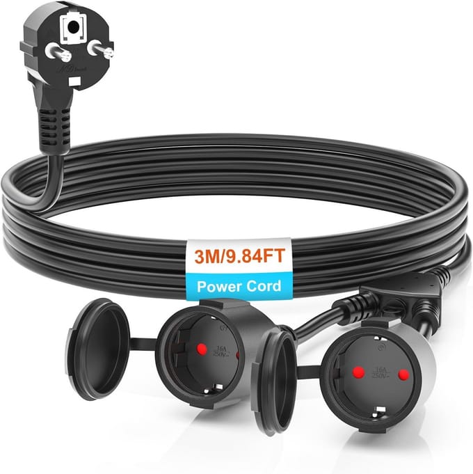 3 Meter Waterproof Outdoor Extension Cable with 2 Sockets - IP44 Double Socket for Garden and Office