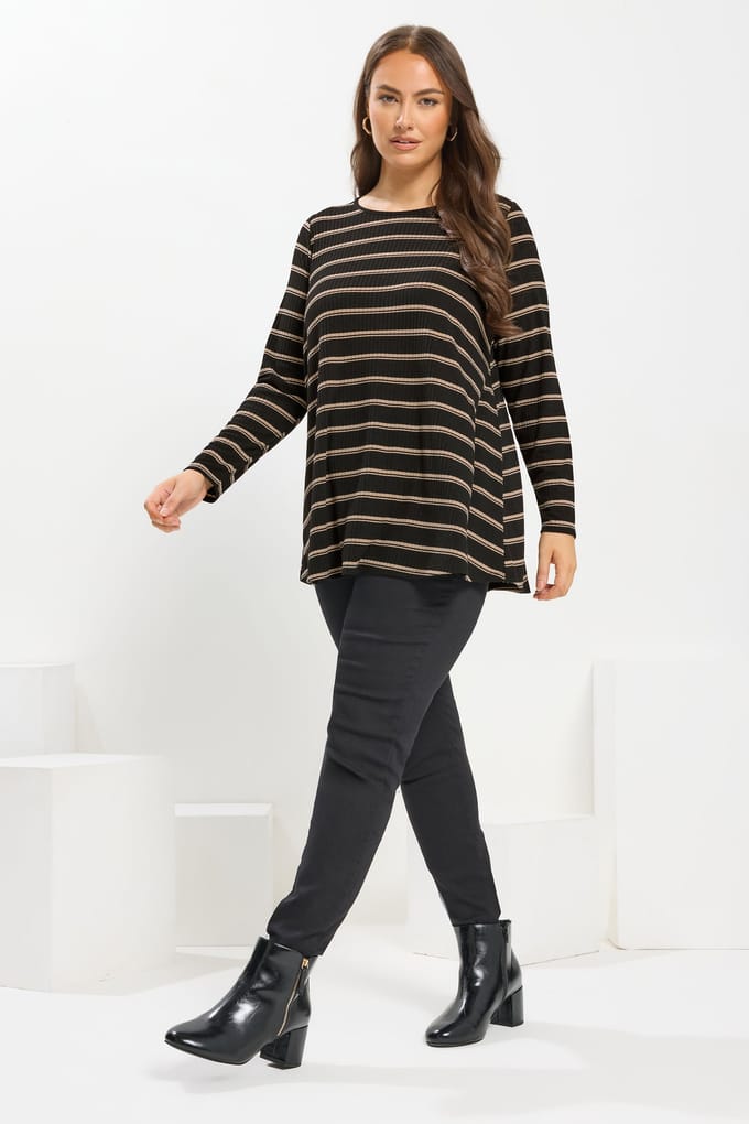 Yours Zwarte Gestreepte Geribbelde Swing Top Size 42