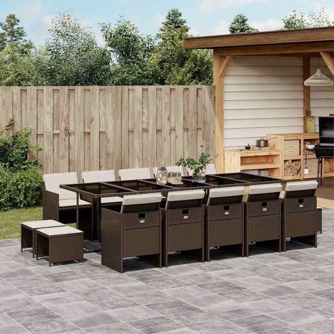 vidaXL - 15-delige - Tuinset - met - kussens - poly - rattan - bruin