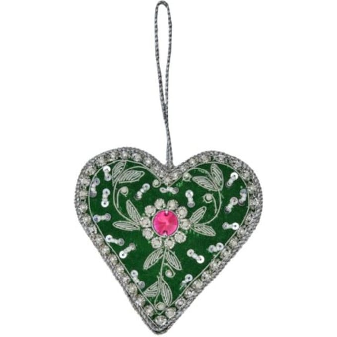 Rice kerst stoffen ornament met kralen heart, groen