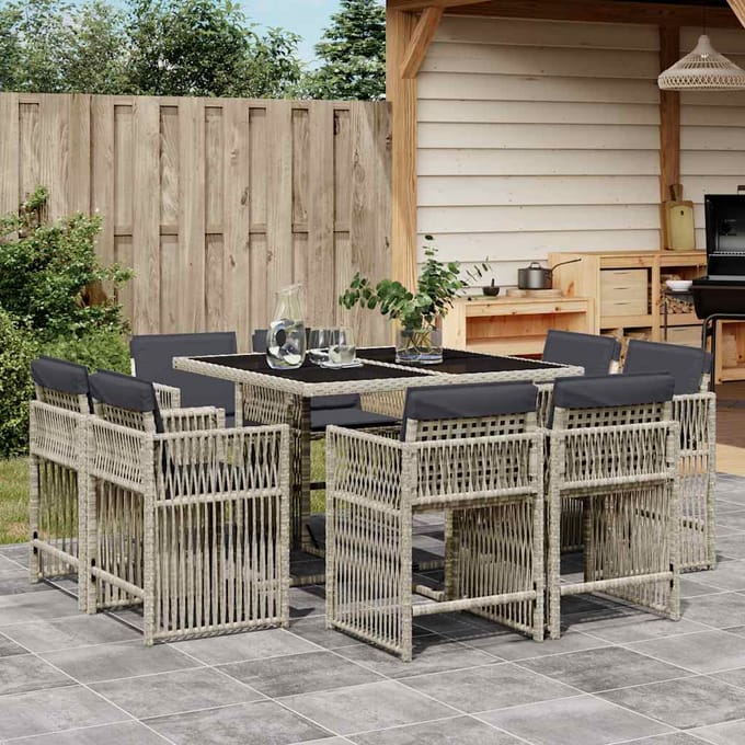vidaXL - 9-delige - Tuinset - met - kussens - poly - rattan - lichtgrijs