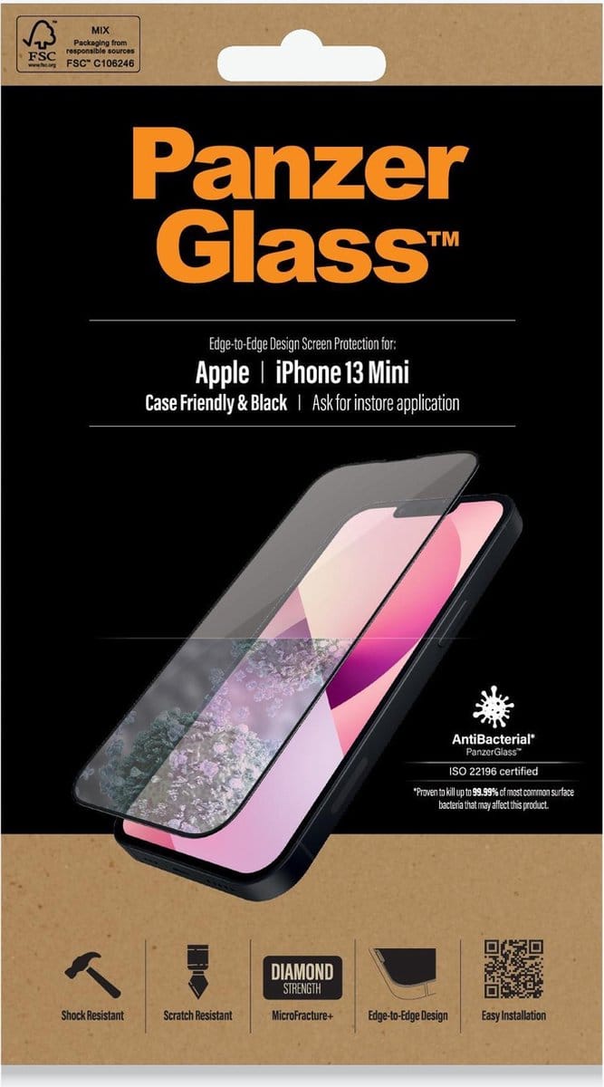 PanzerGlass Screenprotector geschikt voor Apple iPhone 13 Mini Glazen | PanzerGlass Edge to Edge Screenprotector - Case Friendly - Zwart