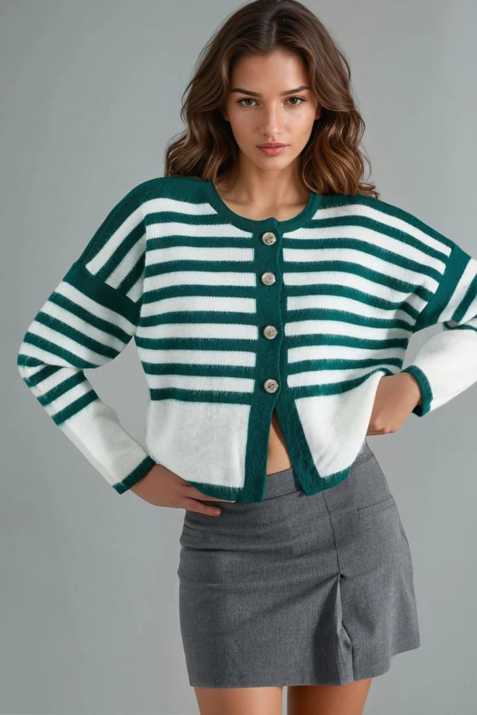 Gestreepte Gebreide Cardigan met Knopen Sluiting