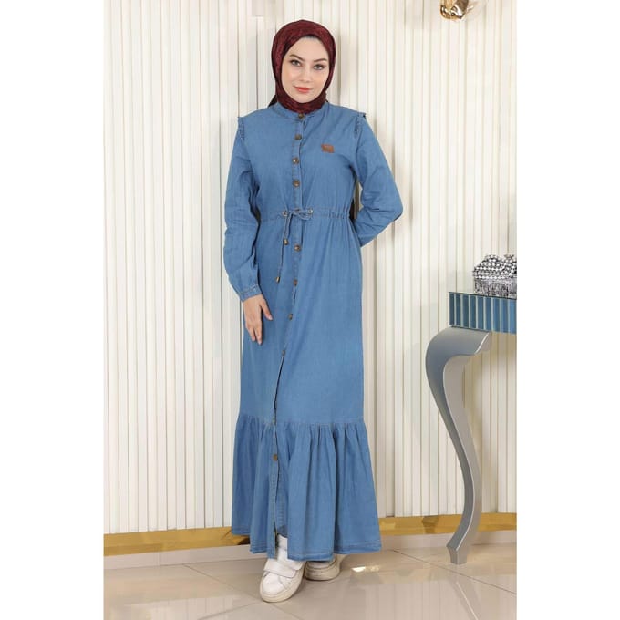 Taillekoord Geknopt Denim Jurk Lichtblauw