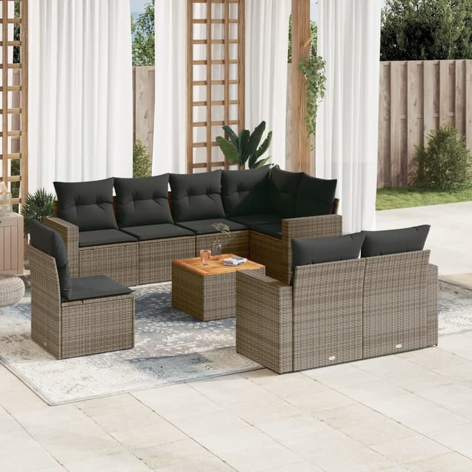 vidaXL - 9-delige - Loungeset - met - kussens - poly - rattan - grijs