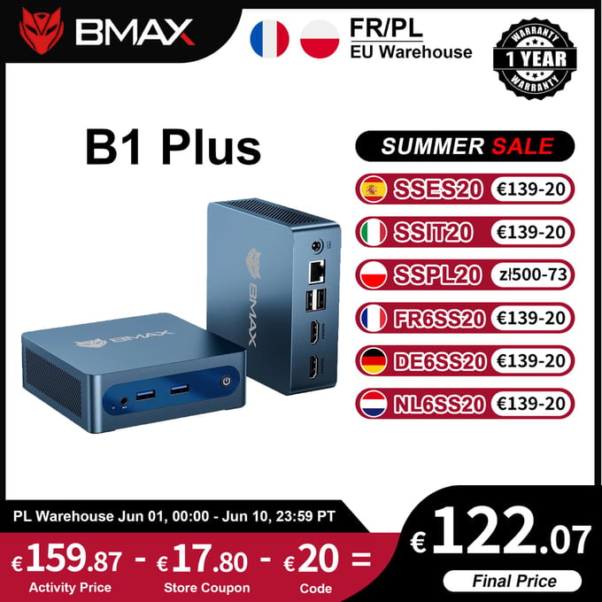 BMAX B1 Plus Mini PC - Intel Celeron J3355 - 6GB RAM - 128GB SSD - Windows 11 Pro - Dual HDMI - WiFi - Bluetooth - 4K Mini Computer