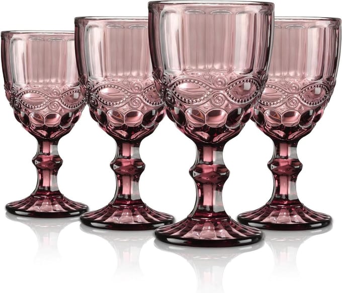 Purple Vintage Embossed Coloured Red Wine Glasses - Set of 4