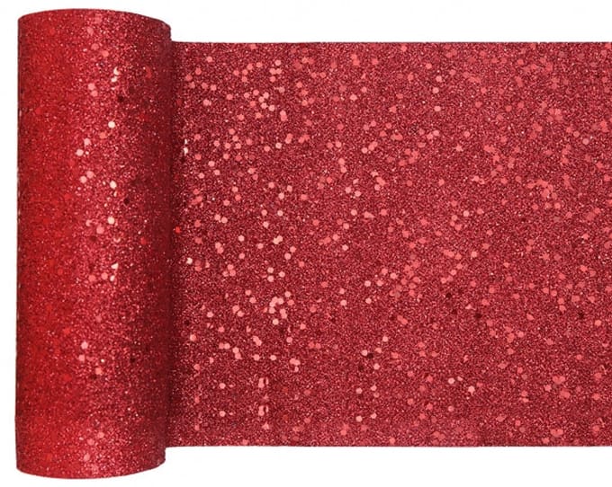 Santex Glitter Tafelloper smal op rol - rood - 18 x 500 cm - polyester