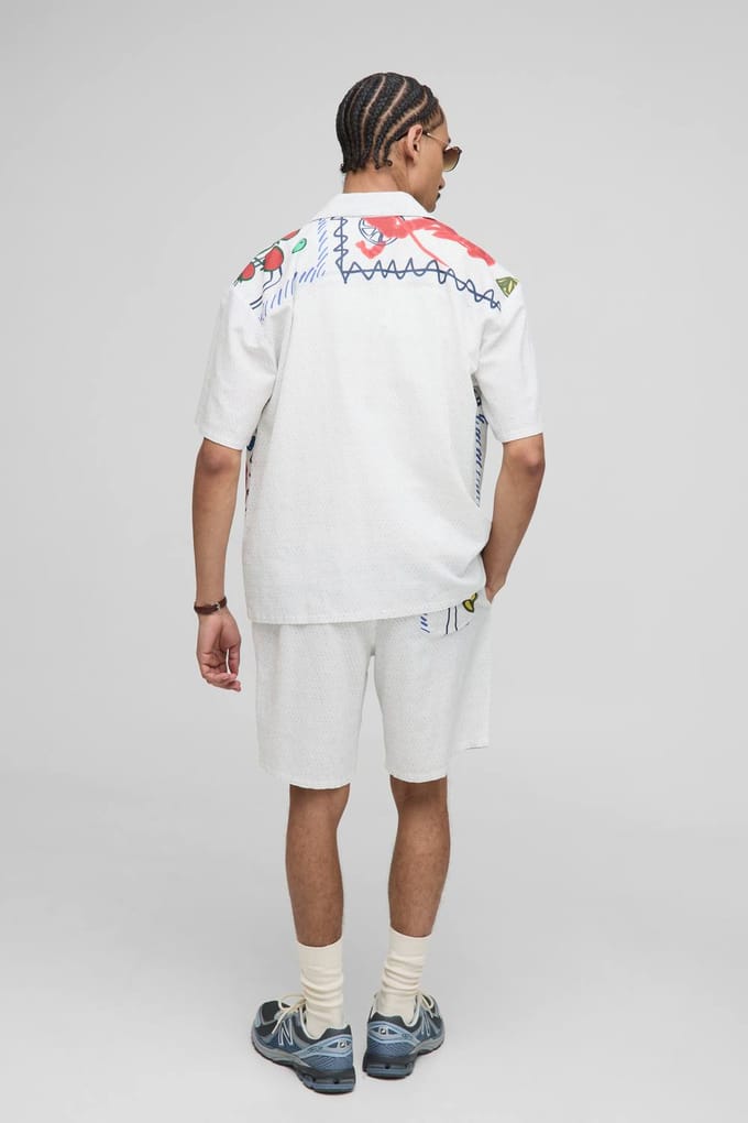 Oversized Linen Blend Conversational Printed Shirt & Short Set | Natural | Size Medium