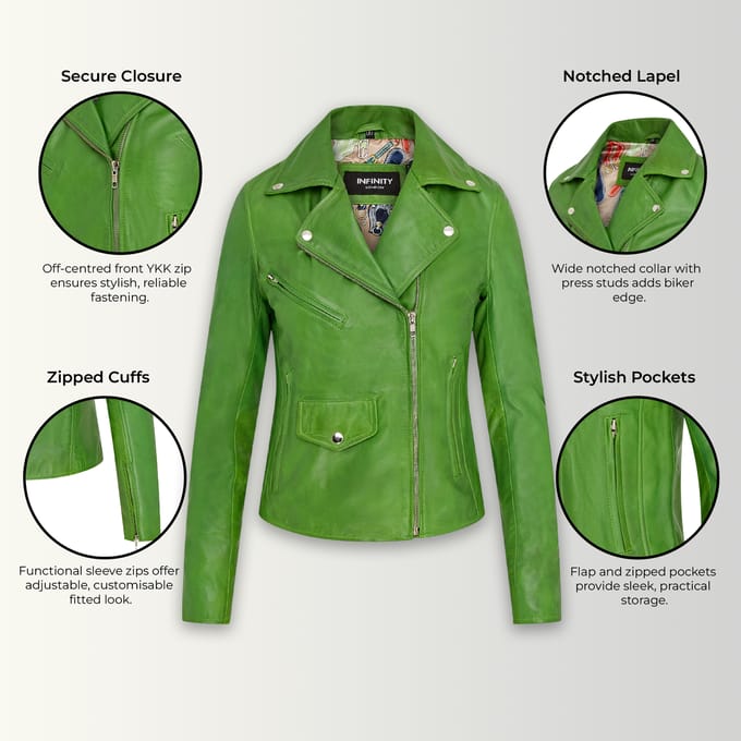 Dames Apple Green Classic Brando Biker leren jack - Broome