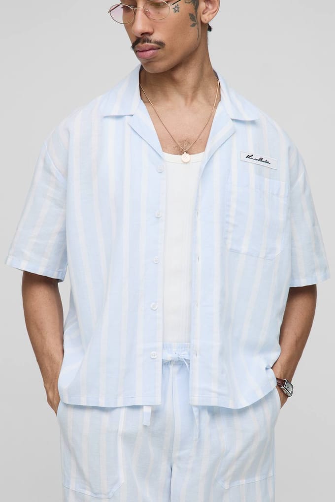 Oversized Boxy Linnen Look Streep Zak Detail Overhemd | Light Blue | Size Medium
