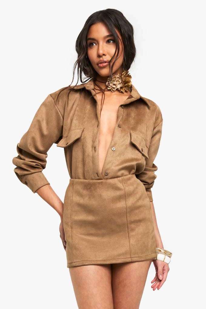 boohoo Dames Suede Look Mini Skirt | Tan | Maat: 16