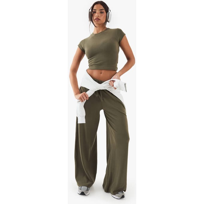 boohoo Dames DSGN Studio Geborduurde Rib Wide Leg Broek | Washed Khaki | Maat: 2XL