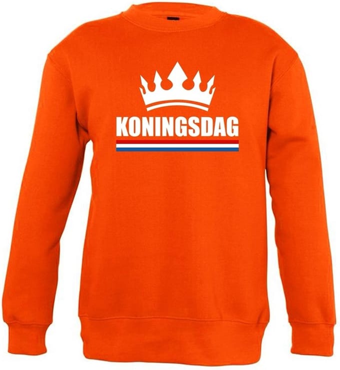 Oranje Koningsdag met kroon sweater kinderen 7-8 jaar (122/128)