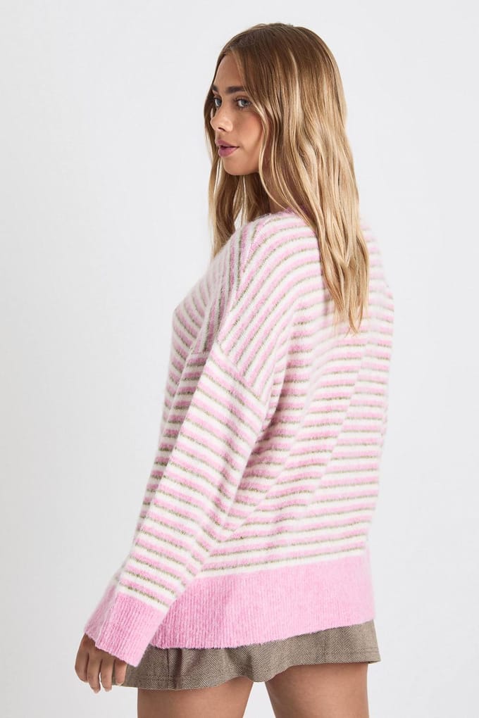 boohoo Dames Superzachte dun gestreepte oversized gebreide trui | Pink | Maat: Medium
