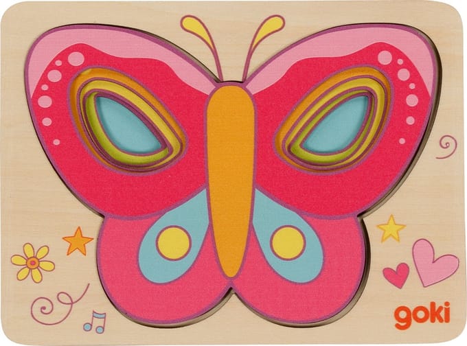 GOKI Puzzel - Vlinders - 5 Delen - 5 Lagen - 15X11X1,5Cm - Hout - 2 Jaar