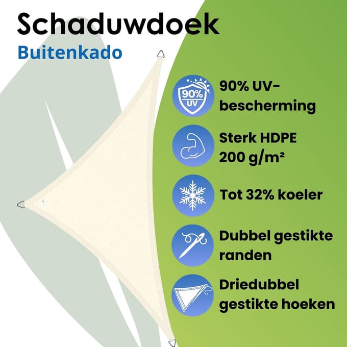 Buitenkado schaduwdoek driehoek 5x7x7m - HDPE/RVS - creme wit