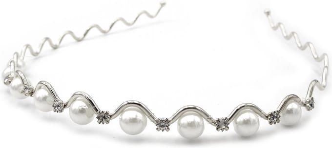 Zilverkleurige diadeem met pareltjes en strass steentjes