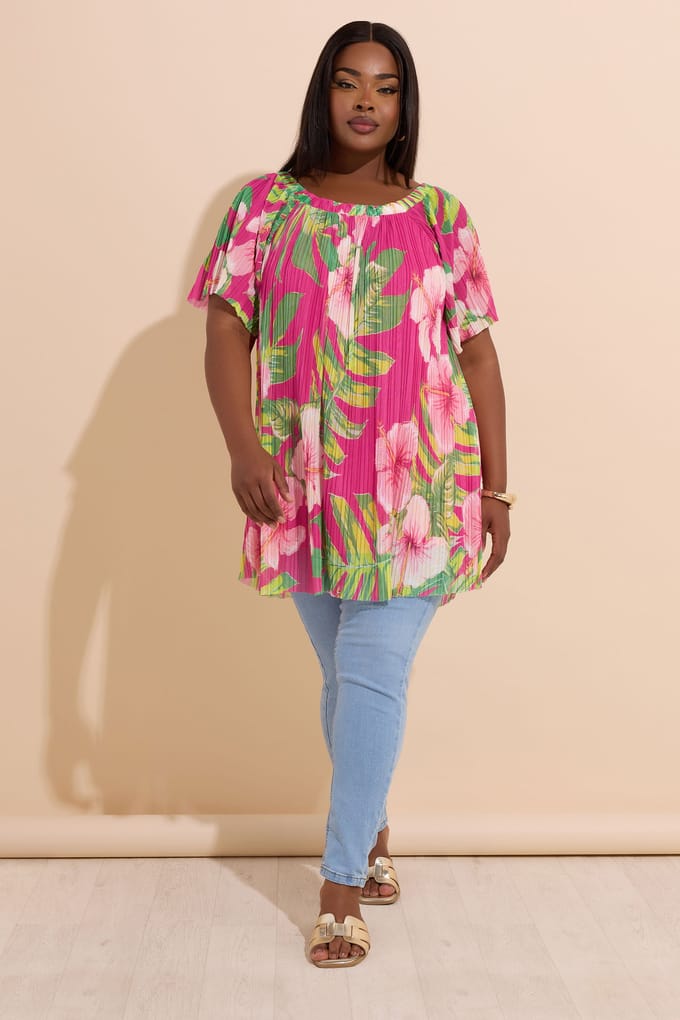 Yours Roze Gebloemde Geplooide Top Van Mesh Size 44