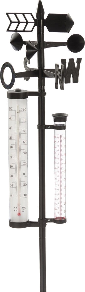 Bellatio design Regenmeter weerstation - thermometer - windwijzer - neerslagmeter - op stok - 150 cm