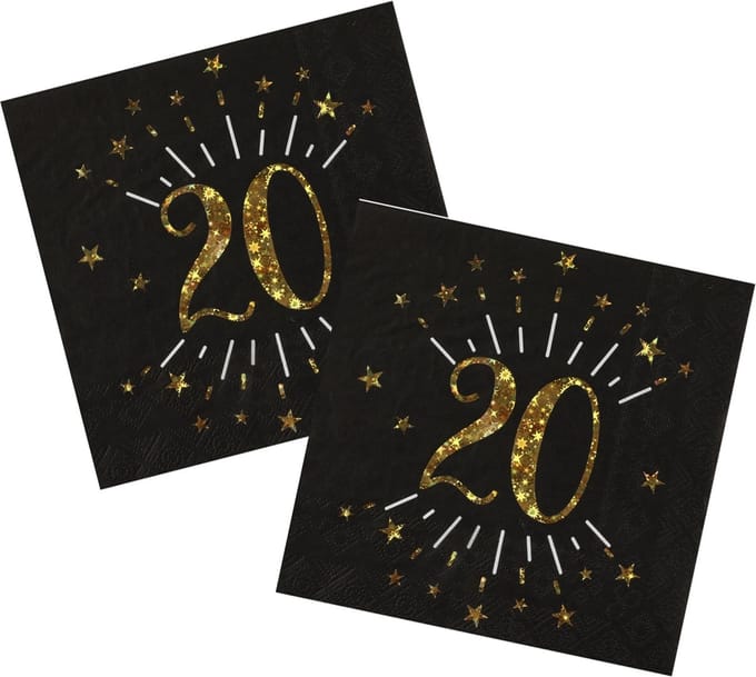 Verjaardag feest servetten leeftijd - 20x - 20 jaar - goud - 33 x 33 cm
