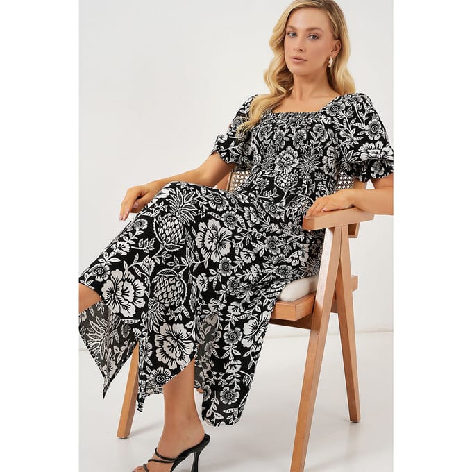Florale Midi-jurk met Vierkante Kraag en Split