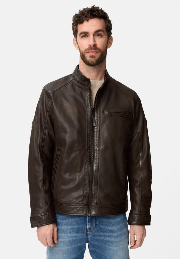 camel active Leren motorjack met binnenzakken - Maat menswear-60 - Donkerbruin