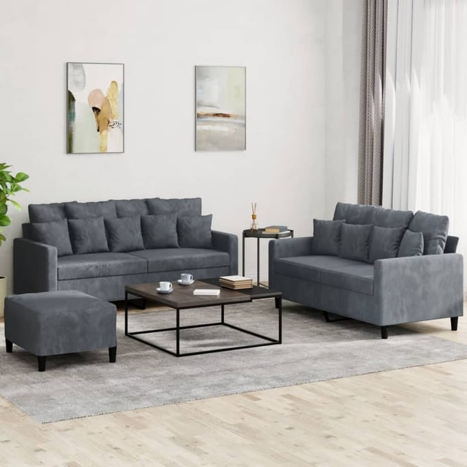 vidaXL - 3-delige - Loungeset - met - kussens - fluweel - donkergrijs