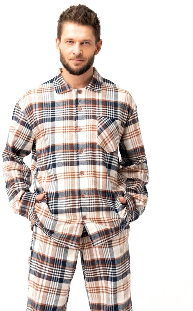 Key Flanellen Heren Pyjama Flanel Beige/Bruin MNS 443 L