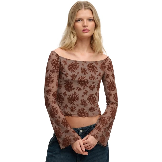 Superdry Flocked Mesh Top Met Lange Mouwen Brown Grootte: 40