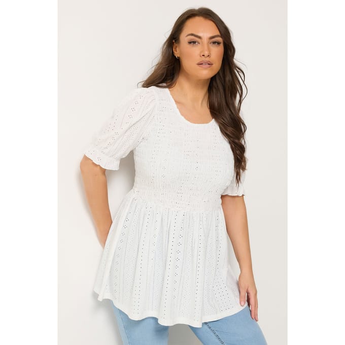 Yours Witte Top Met Broderie Anglaise En Gerimpelde Pofmouwen Size 48