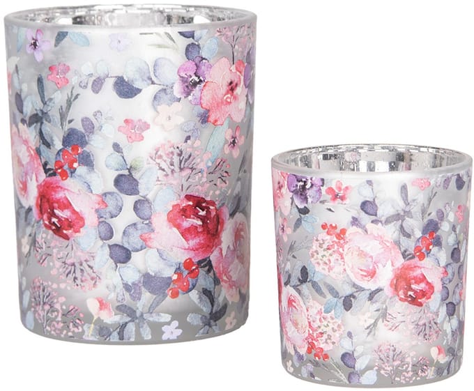 Clayre & Eef Theelichthouder Set van 2 Ø 7x8 / 10x13 cm Grijs Glas Bloemen