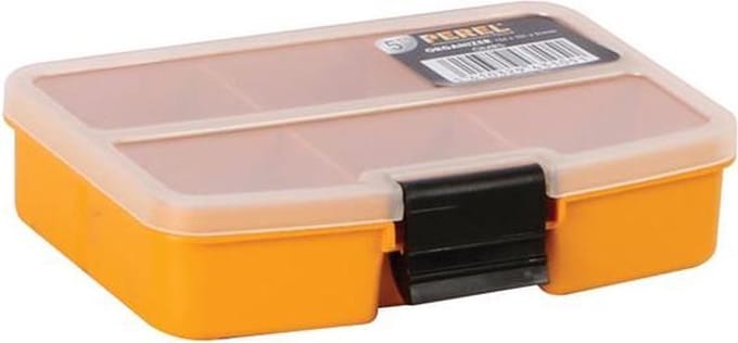 Perel assortimentsdoos, 6 vaste compartimenten, transparant deksel, stapelbaar, 134 x 101 x 31 mm, geel/zwart
