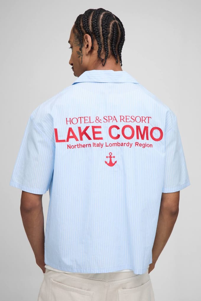 Oversized Boxy Revere Lake Como Geborduurde Streep-shirt | Blue | Size Medium