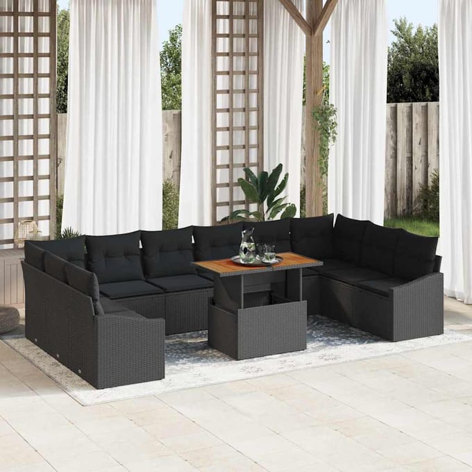 vidaXL Tuin Eettafel Set met kussen 11 pcs Zwart en Bruin